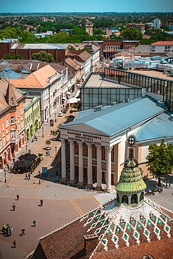 Subotica downtown aerial view, National Theatre in Subotica in the center.