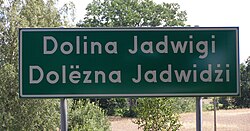Dolina Jadwigi—a bilingual Polish-Kashubian road sign with the village name