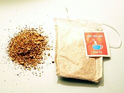 A tea bag containing artichoke tea from Vietnam