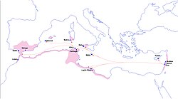 Approximate extent of Phoenician settlements and trade routes c. 800 BC.[51]