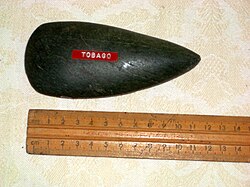 Greenstone ceremonial axe, from shell midden, Mount Irvine Bay, Tobago, 1957.