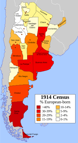 Map from 1914 of the percentage of the population by province born in Europe (excluding descendants and those from the Ottoman Empire).