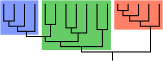 In this phylogenetic tree, the green group is paraphyletic; it is composed of a common ancestor (the lowest green vertical stem) and some of its descendants, but it excludes the blue group (a monophyletic group) which diverged from the green group.