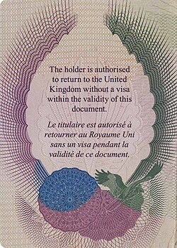 Inside front cover of a British Certificate of Travel.