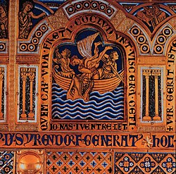 Depiction of Jonah in a champlevé enamel (1181) by Nicholas of Verdun in the Verduner altar at Klosterneuburg abbey, Austria