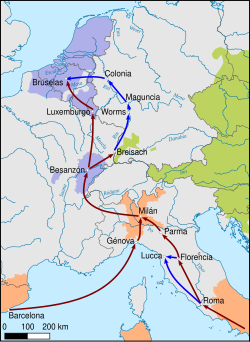 The Spanish Road Purple: Spanish dependencies Green: Ruled by Austria Orange: Ruled by Spain