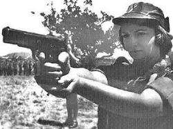 A Rhodesian servicewoman taking aim with her Browning Hi-Power 9×19mm semi-automatic pistol; from a 1976 army recruitment poster