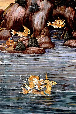 Suvannamaccha and Hanuman, mural at Wat Phra Kaew, Bangkok.