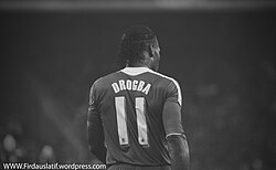 Drogba in 2011 with Chelsea. He wore the number 11 jersey for most of his club and international career.