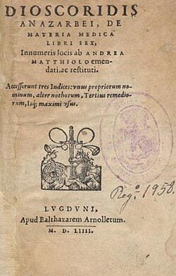 Cover of an early printed version of De materia medica, Lyon, 1554