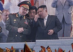 Kim Jong Un with Russian Defence Minister Sergei Shoigu during the ceremonies marking the 70th anniversary of the end of the Korean War in Pyongyang, 27 July 2023