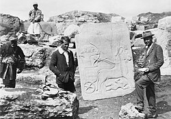 Early Hittite artifact found by T. E. Lawrence and Leonard Woolley (right) in Carchemish