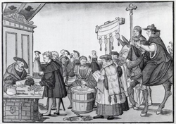 The sale of indulgences shown in A Question to a Mintmaker, woodcut by Jörg Breu the Elder of Augsburg, c. 1530