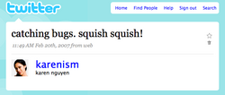 A tweet by @karenism from 2007: "catching bugs. squish squish!"