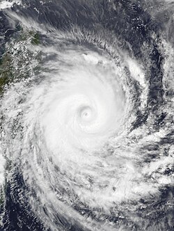 A satellite photo of Cyclone Emnati exhibiting an outer and inner eyewall while undergoing an eyewall replacement cycle