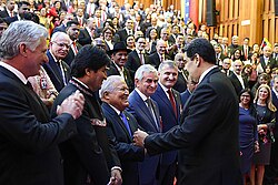 The presidents of Cuba, Bolivia, and El Salvador (from l. to r.) greet Nicolás Maduro at his second inauguration as Venezuela's president, in Caracas, on 10 January 2019.
