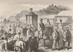 The sixteen-year-old emperor, traveling from Kyoto to Tokyo at the end of 1868