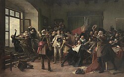 A contemporary painting that depicts the Third Defenestration of Prague (1618), which marked the beginning of the Bohemian Revolt, and therefore of the first phase of the Thirty Years' War.