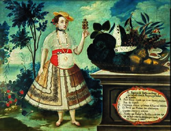 Ecuador has a wide repertoire of colonial art in the country and other museums, like this criolla Yapanga from colonial Quito, in 1783, by Vicente Albán. Museo de América, Madrid.[218]