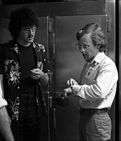 Yankovic speaking with a concert promoter before a show in 1984