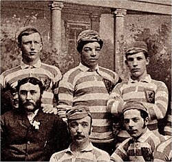 Scotland players, including Andrew Watson (top centre), wearing an atypical light blue-and-white hooped jersey in 1882
