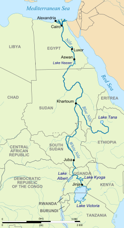 Khartoum (center) is near the middle of the Nile river system