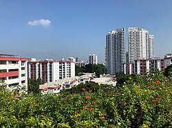 High density public housing in Singapore, which are a common sight in the country, consists of different ethnic groups living together.