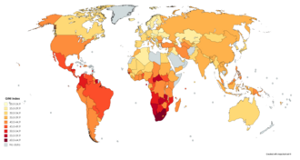 The Gini coefficient, a measure of income inequality. Based on World Bank data ranging from 1992 to 2018.[49]