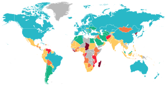 Percentage of people with undernutrition by country, World Food Program, 2020 Under 2.5% 2.5% – 5.0% 5.0% – 14.9% 15.0% – 24.9% 25.0% – 34.9% Over 35.0% No data