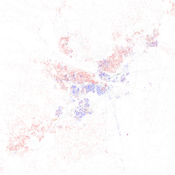 Map of racial distribution in Little Rock, 2010 U.S. Census. Each dot is 25 people: ⬤ White ⬤ Black ⬤ Asian ⬤ Hispanic ⬤ Other