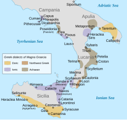Ancient Greek colonies and their dialect groupings in Magna Graecia[44] NW Greek Achaean Doric Ionian