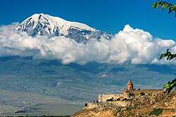The 7th-century Khor Virap monastery in the shadow of Mount Ararat; Armenia was the first state to adopt Christianity as the state religion in the early 4th century AD.[36][37]