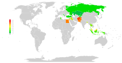 Visualisation of the total % of Muslims per country who support the death penalty for apostasy according to the 2013 Pew report's values.