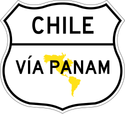 A Vía PanAm shield sign is sometimes found on routes in South American countries (such as Chile) associated with the Pan-American Highway.