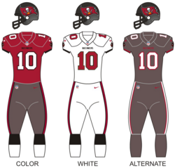 The uniforms of the Tampa Bay Buccaneers since the 2020 season, featuring a third dark grey one