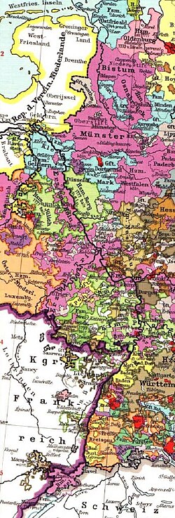 The Rhineland in 1789, with the ecclesiastical states shown in purple: The annexation of the left bank of the Rhine by the French Republic set in motion the mediatisation process