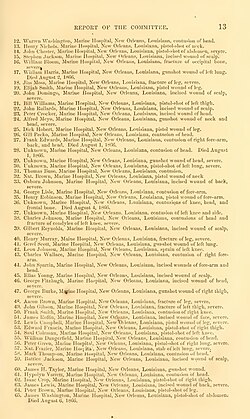 One page of a multipage list of people injured and killed in New Orleans, July 30, 1866, as published in the 1867 Report of the Select committee on the New Orleans Riots