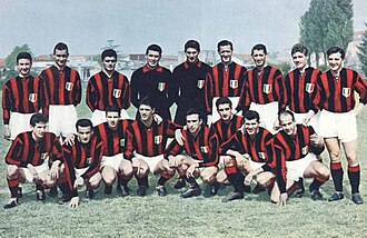 The AC Milan squad for the 1957–58 season. From left to right, standing: Cesare Reina, Carlo Galli, Alfio Fontana, Narciso Soldan, Lorenzo Buffon, Nils Liedholm, Juan Alberto Schiaffino, Luigi Radice, Gastone Bean; crouched: Eros Beraldo, Ernesto Grillo, Amos Mariani, Cesare Maldini, Mario Bergamaschi, Luigi Zannier, Francesco Zagatti, Ernesto Cucchiaroni.