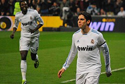 Kaká celebrating a goal with Real Madrid in a 4–1 home victory over Real Sociedad in February 2011
