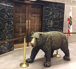 Bronze statue of a California grizzly bear outside the governor's office, in the California State Capitol