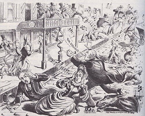 A caricature of an African-American band playing in New Orleans in 1890. New Orleans writer Al Rose has called this "The earliest known illustration of a jazz band".[2] While the instrumentation of cornet or trumpet, trombone, clarinet, and drums is suggestive of the early jazz bands of some 15 years later, how close this music was to what would be known as "jazz" is speculative.