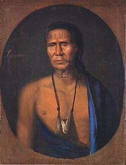 Lenape chief Lappawinsoe depicted in a 1735 portrait by Gustavus Hesselius