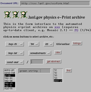 A screenshot of the arXiv taken in 1994,[9] using the browser NCSA Mosaic. At the time, HTML forms were a new technology.