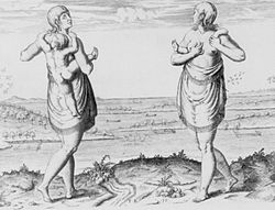 Full-length, front and back portraits of a native woman from Dasamonquepeio of the Americas showing manner of dress and way of carrying a child on her back; view of river and landscape in the background, (1590)