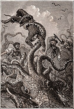 Giant squid-like sea monster, by Alphonse de Neuville to illustrate Jules Verne's Twenty Thousand Leagues Under the Seas, 1870