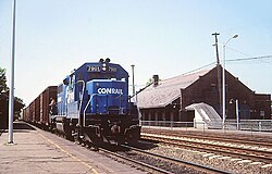 A Conrail train in Attleboro, Massachusetts, in 1983. Conrail inherited much of the former New Haven network with a mandate to return it to profitable operation.