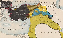 Ethnic map of the Ottoman Empire in 1917. Black = Bulgars and Turks, Red = Greeks, Light yellow = Armenians, Blue = Kurds, Orange = Lazes, Dark Yellow = Arabs, Green = Nestorians