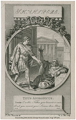 As Lucius tells Titus the tribunes are no longer listening to him, Titus begins to realise that the line between civilisation and barbarism is narrower than he thought; Jean-Michel Moreau illustration, engraved by N. le Mire (1785)