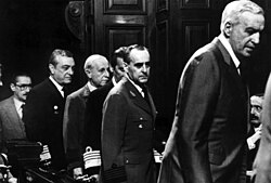 Trial of the military juntas on April 22, 1985; the accused military officers enter the courtroom.