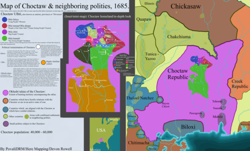 Map of the internal and immediate external political situation of the Choctaw Nation in 1685